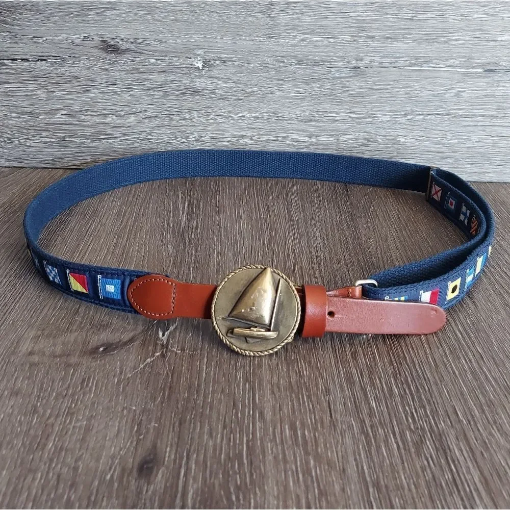 Vintage Nautical Themed Men's Belt with Solid Brass Sailboat Buckle 52